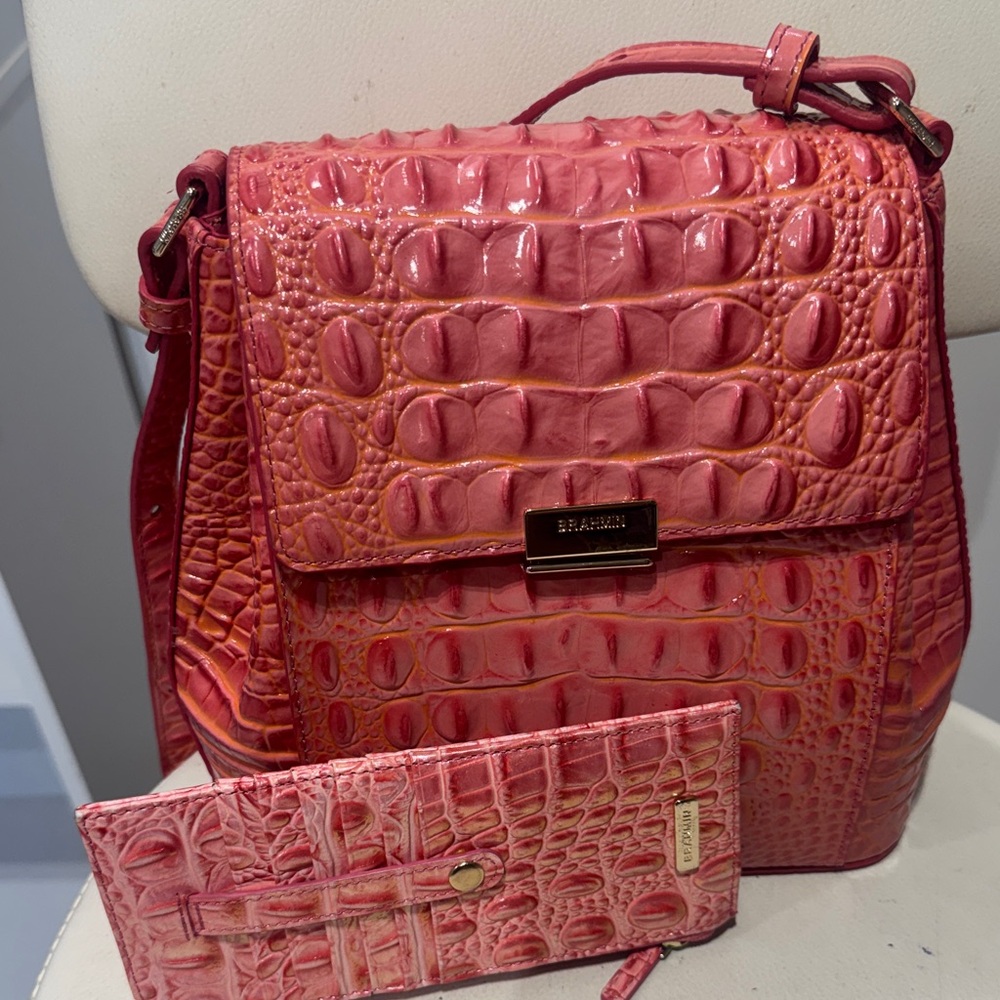 Brahmin Coral Pink Croc-Embossed Crossbody with Wallet
